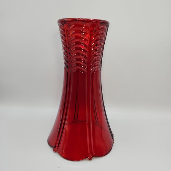 High 9.5in Embossed Flared Glass Vase Art Deco Style Design Red - Picture 2 of 10